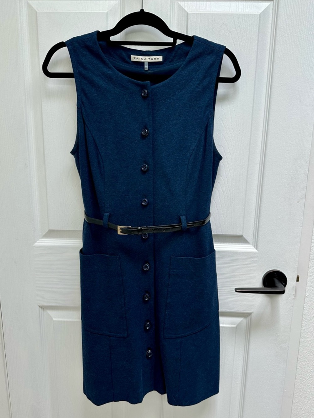 Trina Turk Sleeveless Button-Front Navy Dress with Patent Leather Belt